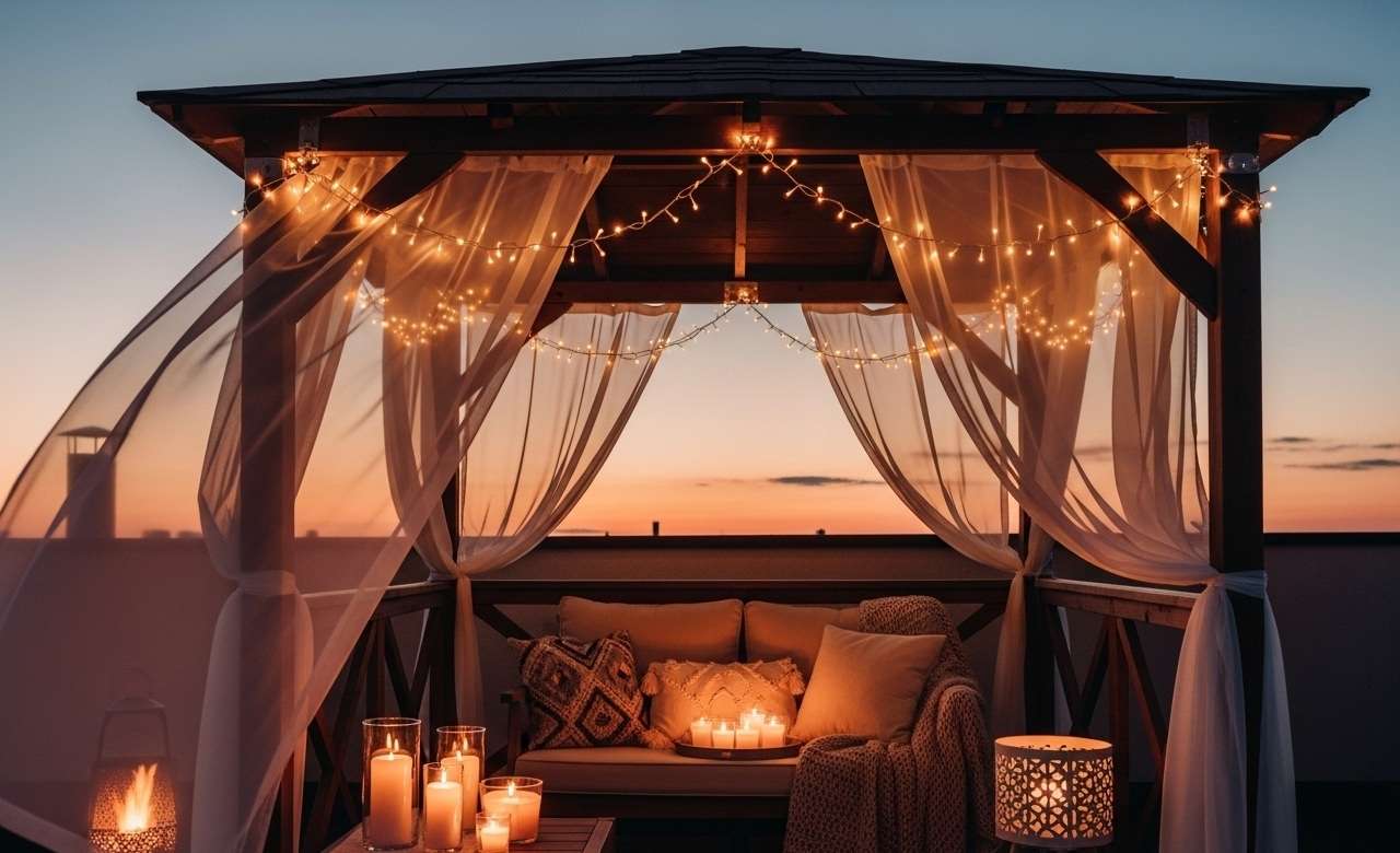 Romantic Gazebo with Fairy Lights Rooftop Design Ideas