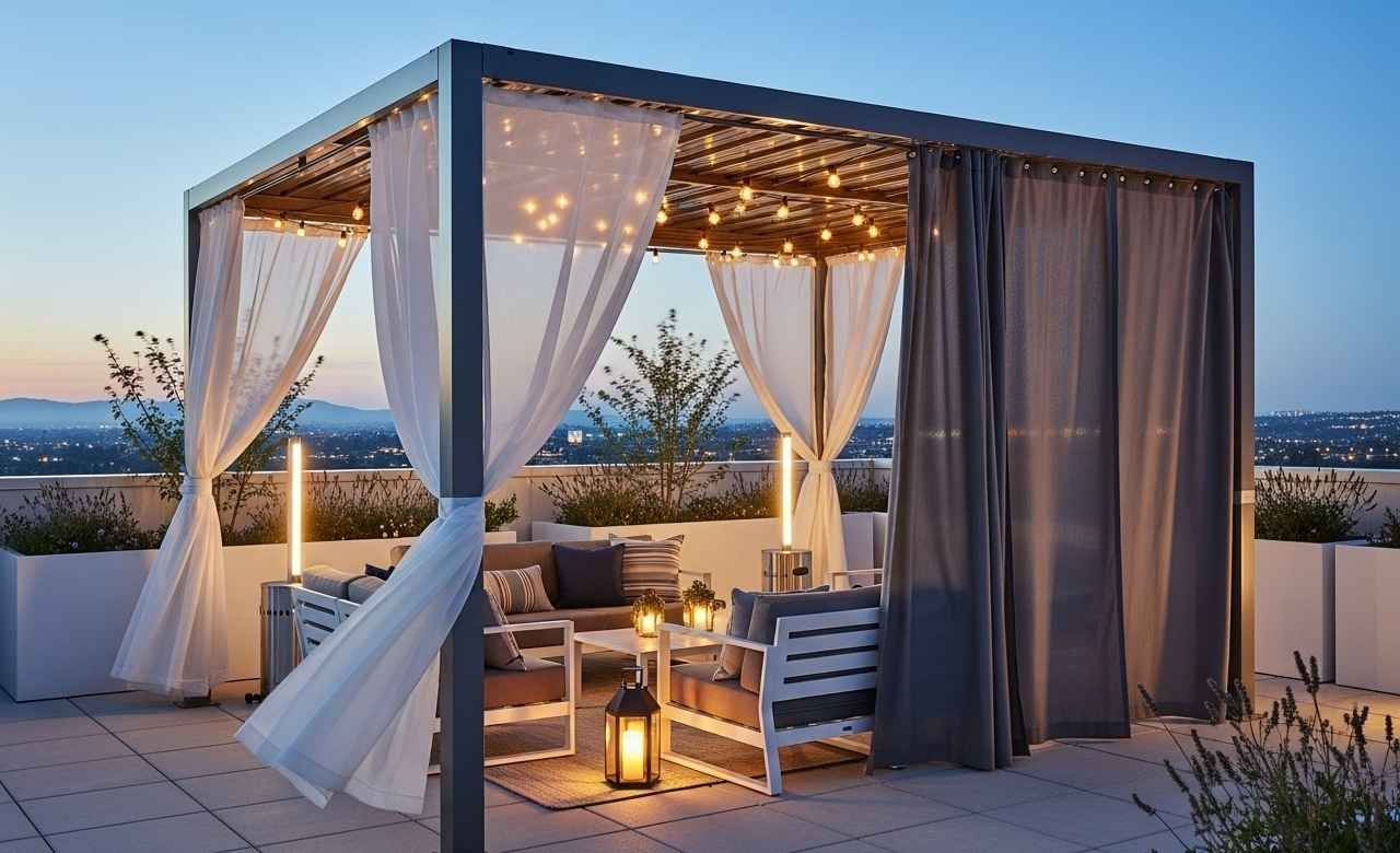 Steel Frame with Curtains Rooftop Gazebo Design Ideas
